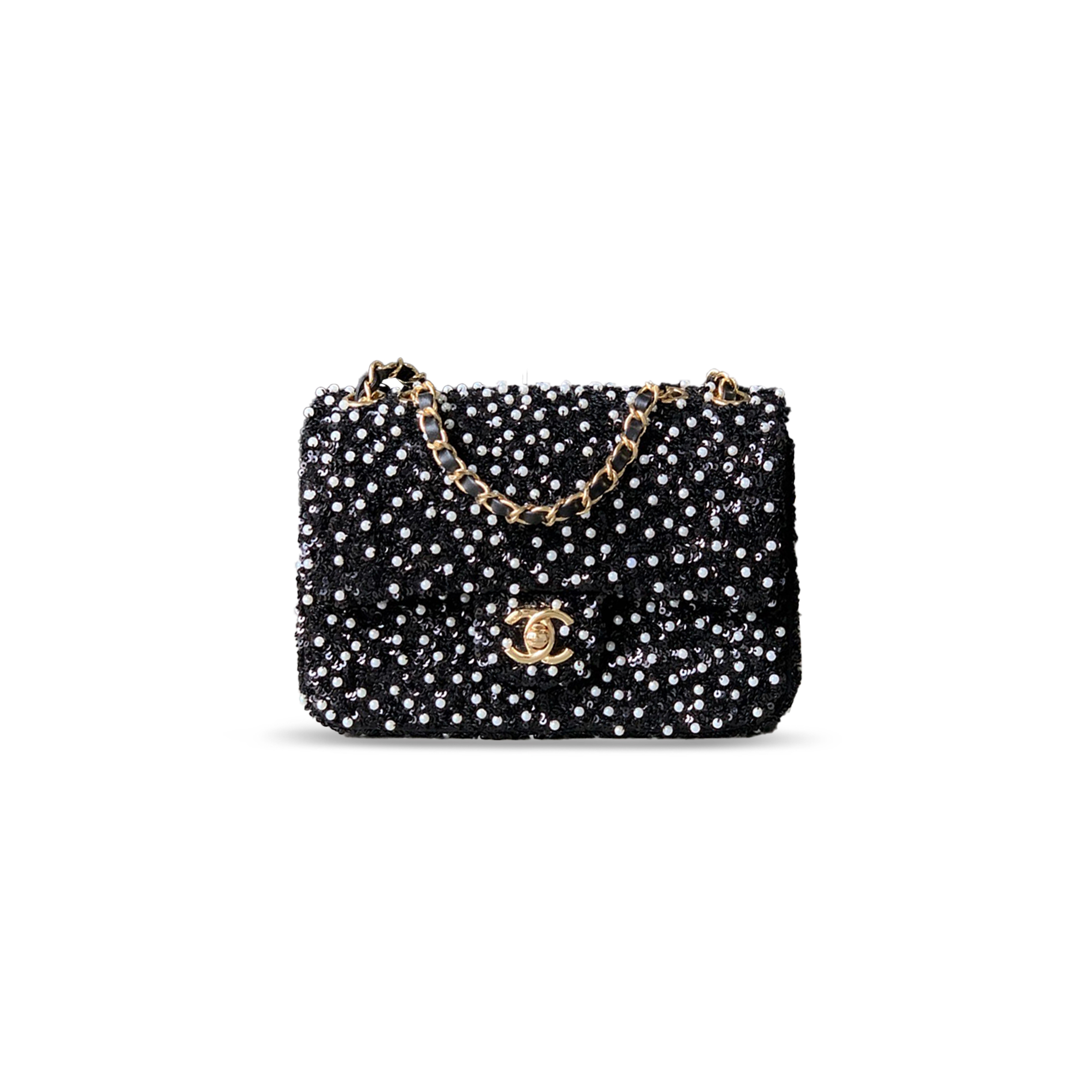 CHANEL MINI CLASSIC FLAP BAG PEARL AND SEQUINS & GOLD METAL BLACK 295847 (20*12*6cm)